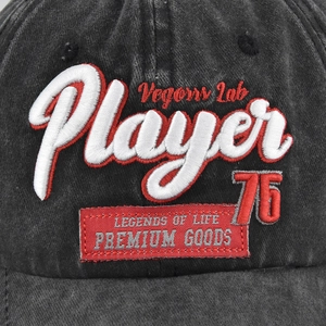 Distressed grey baseball cap with 3D Player embroidery and premium vintage wash finish