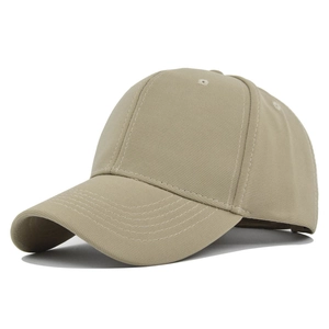 Detail of khaki cotton baseball cap showing reinforced stitching on curved brim and six panels