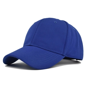 Detail view of royal blue baseball cap featuring six-panel construction and curved brim