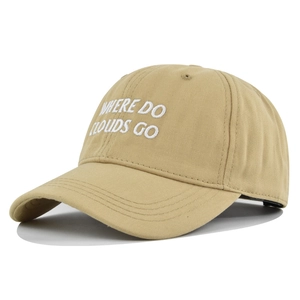 Classic khaki cotton baseball cap featuring WHERE DO CLOUDS GO white embroidery