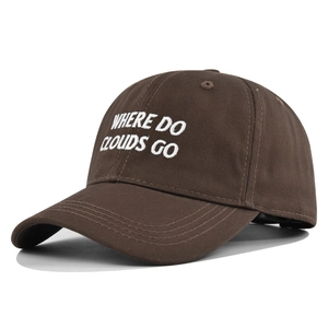 Detailed close-up of white WHERE DO CLOUDS GO embroidery on dark brown cotton baseball cap