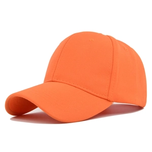 Close-up of bright orange six-panel baseball cap with textured cotton twill and top button