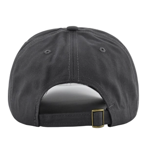 Detail view of charcoal grey baseball cap with adjustable bronze metal buckle strap