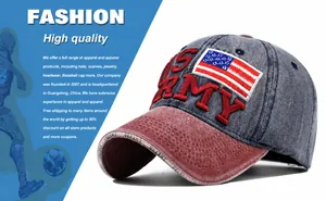 Detalle del bordado 3D de US Army en gorra de béisbol vintage lavada azul y roja