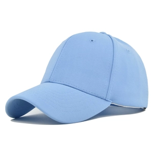 Detailed side view of light blue six-panel baseball cap with pre-curved brim and eyelets