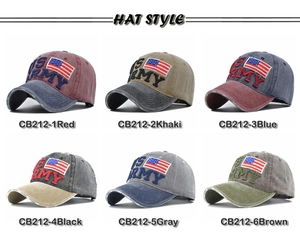 Multiple colors of washed cotton baseball caps with U.S. ARMY 3D embroidery detail