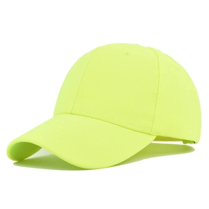 Close-up of fluorescent yellow 6-panel baseball cap with curved brim and breathable eyelets