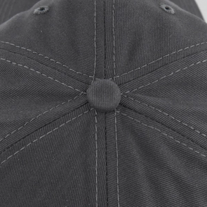 Close-up of top button and fine stitching on a dark grey cotton twill baseball cap