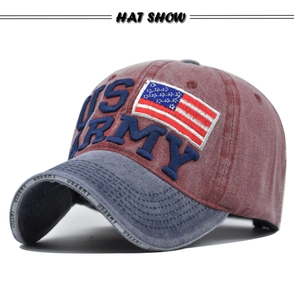 Detail shot of washed cotton baseball cap with 3D US Army embroidery and flag patch