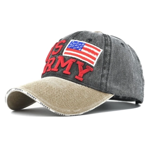 Close-up of 3D U.S. ARMY embroidery and flag patch on washed vintage baseball cap