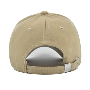 Rear view of khaki cotton baseball cap featuring an adjustable silver metal buckle
