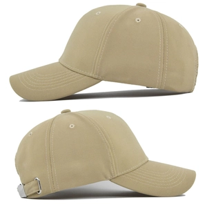 Detail view of the khaki baseball cap showing side profile and metal adjustment buckle