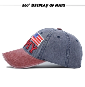 Detail of vintage washed baseball cap with 3D MY embroidery and American flag patch