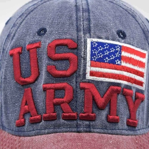 Detailed view of 3D US ARMY embroidery and flag patch on washed denim baseball cap