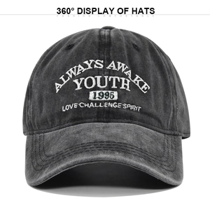 Casquette de baseball vintage en coton noir délavé avec broderie YOUTH blanche unie