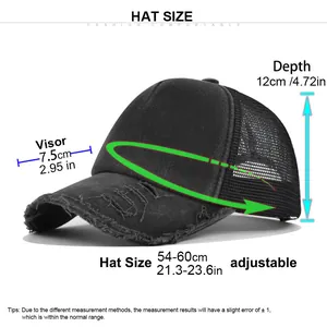 Size guide for adjustable washed cotton mesh baseball cap with detailed dimensions