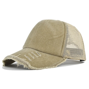 Detail of vintage washed khaki baseball cap with distressed brim and breathable mesh back