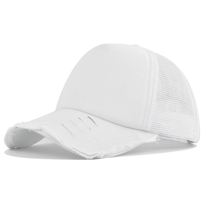 Detailed side view of white trucker hat showing distressed brim and breathable mesh back