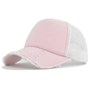 Detailed side view of pink and white trucker hat featuring mesh back and frayed brim
