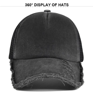 Detail of distressed black washed cotton baseball cap with breathable mesh back