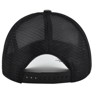 Detail of black trucker hat showing breathable mesh back and adjustable snapback closure