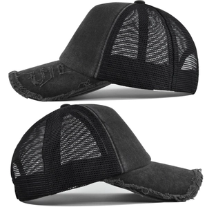 Detailed side views of a charcoal baseball cap with distressed brim and breathable mesh back