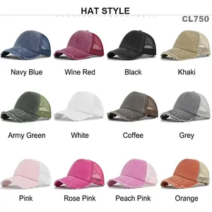 Distressed mesh trucker hats in 12 assorted colors with a vintage washed finish