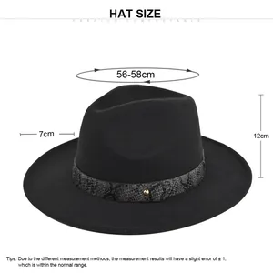 Sizing chart for wool fedora hat showing 56-58cm circumference and 7cm wide brim detail