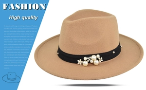 Detail of wool felt fedora hat featuring black band with pearl and floral decorations
