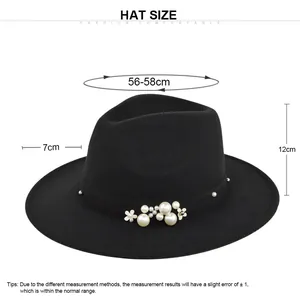 Size chart for black felt fedora hat with pearls detailing dimensions and measurements