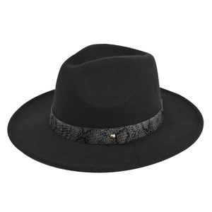Women's British Retro Fedora Hat Polyester Wide Brim Flat Top Jazz Cap with Snake Pattern Band and Metal Rivet Detail