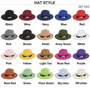 Detail view showing a 20-color collection of wool felt fedora hats with pearl bands