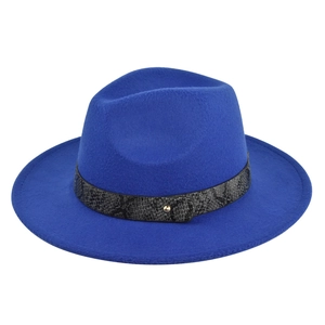 Top view of royal blue wool fedora hat featuring a snakeskin band and gold buckle detail