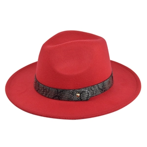 Classic red wool fedora hat with snakeskin pattern decorative band and gold rivet