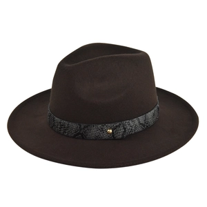 Close-up of brown wool fedora hat featuring a snakeskin band with a gold stud detail