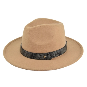 Close-up of khaki wool fedora with snakeskin pattern band and golden buckle detail