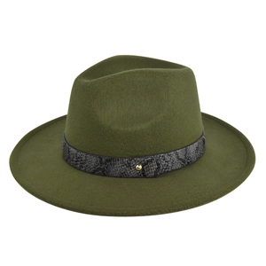 Macro view of dark green wool fedora with snakeskin pattern band and gold rivet detail