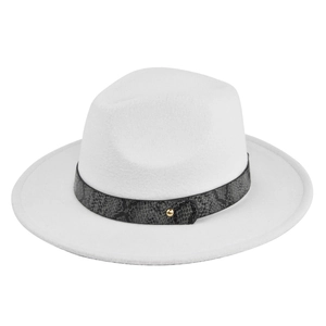 Detail of white wool fedora hat with a snakeskin band and gold metal buckle accent