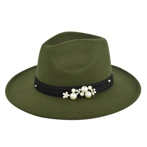 Olive green wide brim fedora hat with wool felt texture and pearl floral decoration