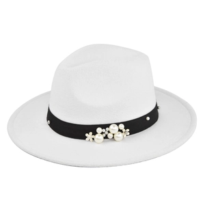 Detailed view of white felt fedora hat with pearls and silver flower ornaments on black band