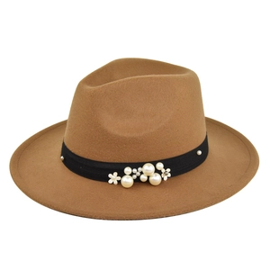 Close-up of khaki wool felt fedora featuring a black ribbon with pearl and gold floral accents