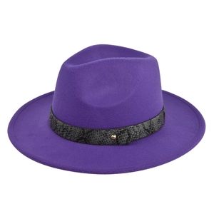 Detail of purple wool felt jazz hat with snakeskin band and gold stud accent