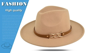 Detail of camel wide brim wool fedora with brown leather band and gold chain link buckle
