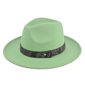 Detail of mint green wide brim fedora hat with snakeskin leather band and gold stud