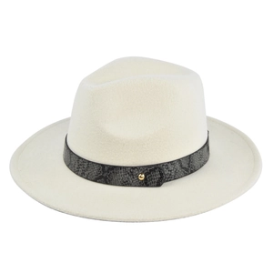 Detailed view of ivory wool fedora hat featuring a stylish snakeskin patterned leather band