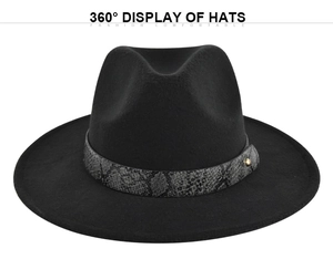 Classic black wide brim fedora hat with snakeskin band and gold rivet detail