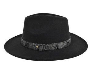 Detail of black fedora hat with a grey snakeskin pattern band and golden metal stud