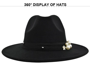 Classic black wool felt fedora hat featuring elegant white pearl and floral decorations
