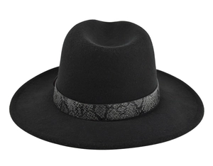 Close-up of black wide brim wool fedora hat with a stylish grey snake pattern decorative band