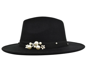 Detail of black fedora hat with elegant white pearls and flower ribbon trim